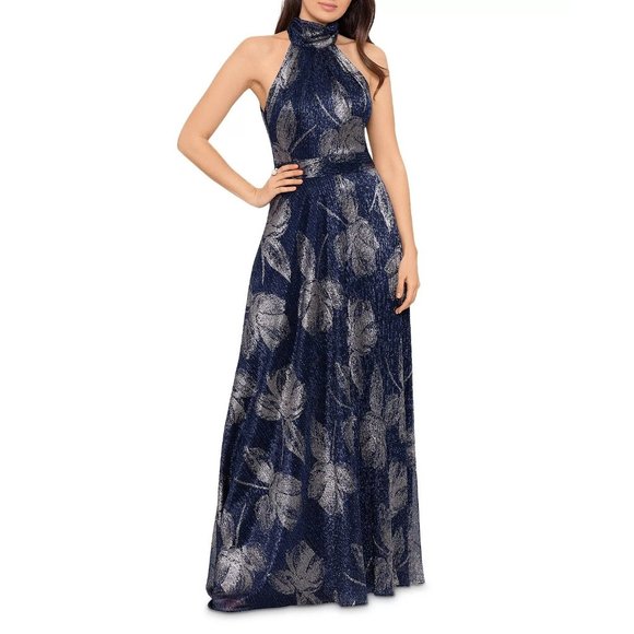 AQUA Metallic Foil Mock Neck Gown - Blue - NWT - Size 4 - Picture 1 of 4